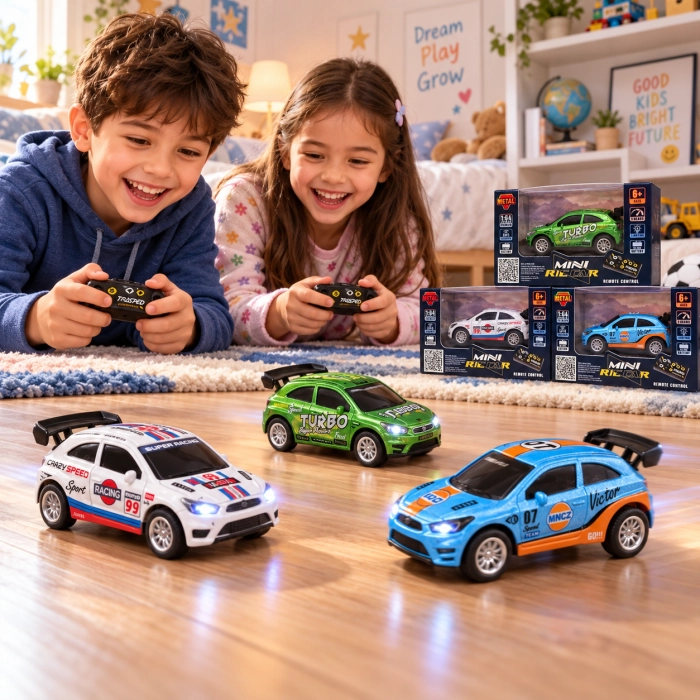 Dzieci sterują trzema mini samochodami RC w pokoju